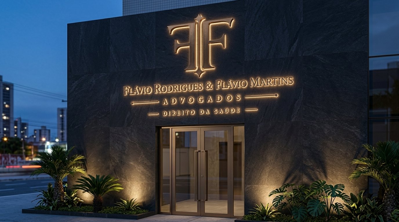 Fachada do escritório Flávio Rodrigues & Flávio Martins Advogados iluminada ao anoitecer